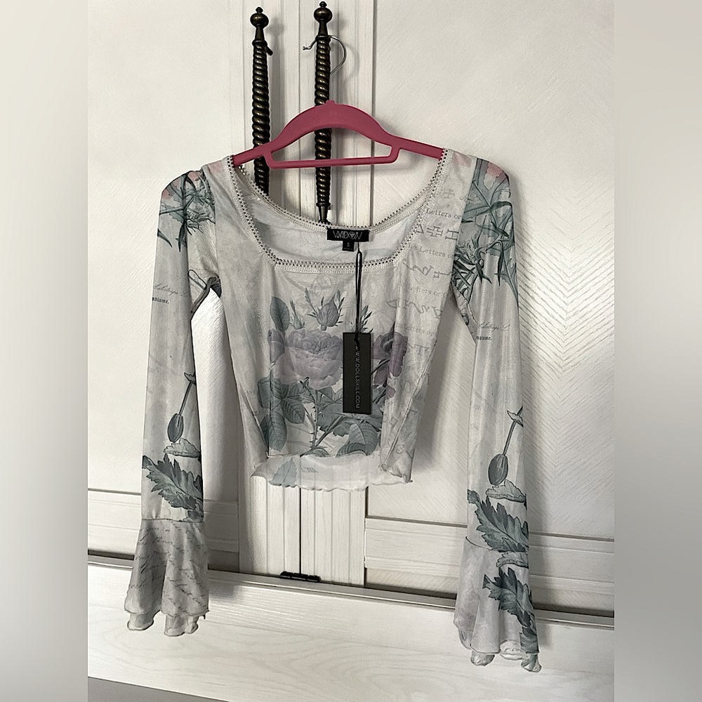 NWT DollsKill/Widow Mesh Floral Bell-Sleeve Top
